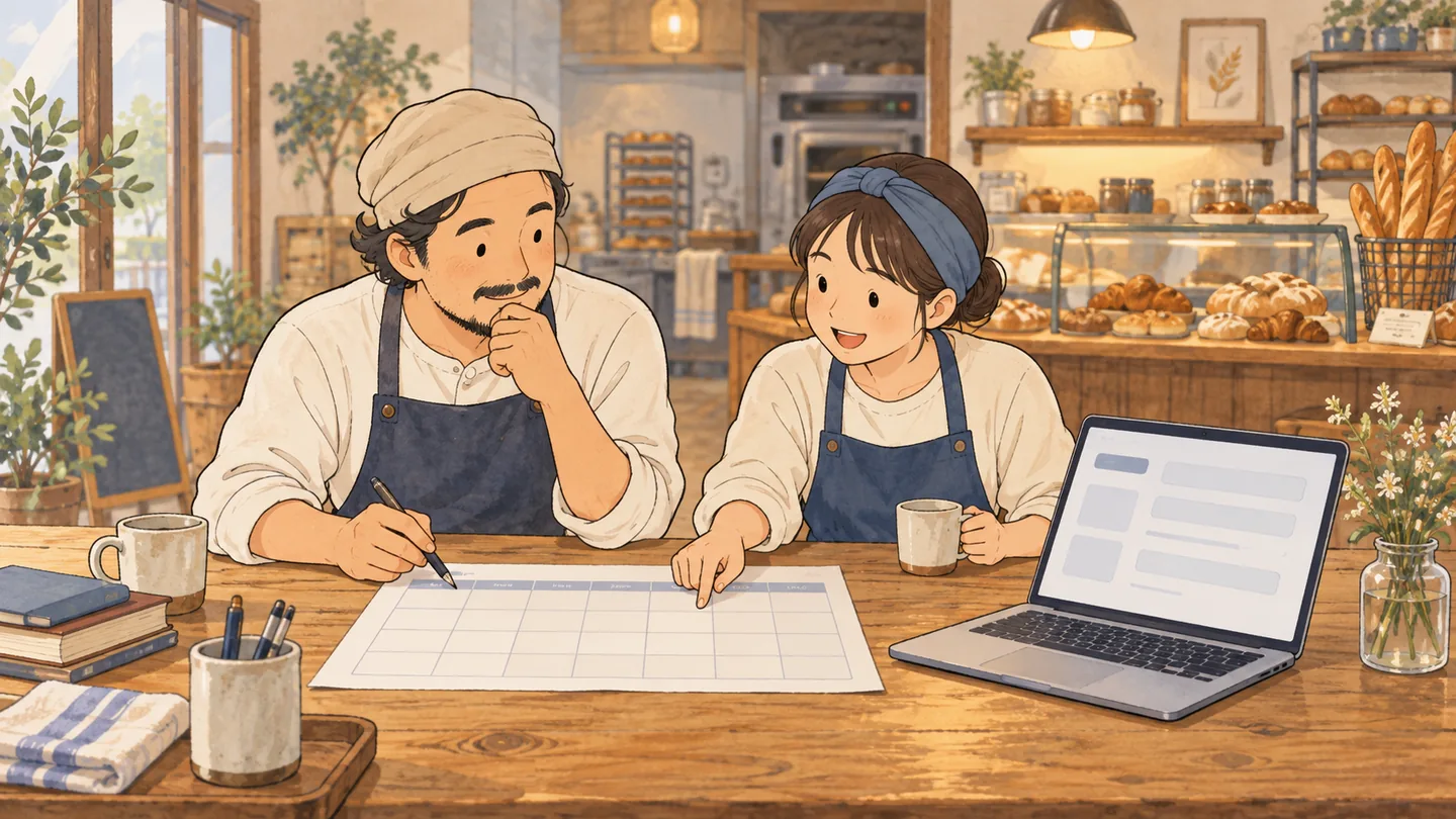 シフト表を見ながら求人内容を考えるパン店のスタッフ