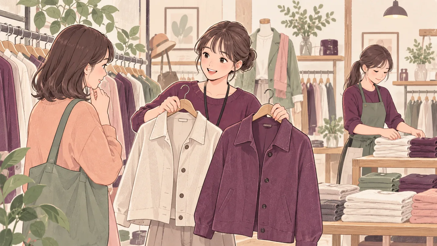 服を見比べるお客さんに応対する販売スタッフ