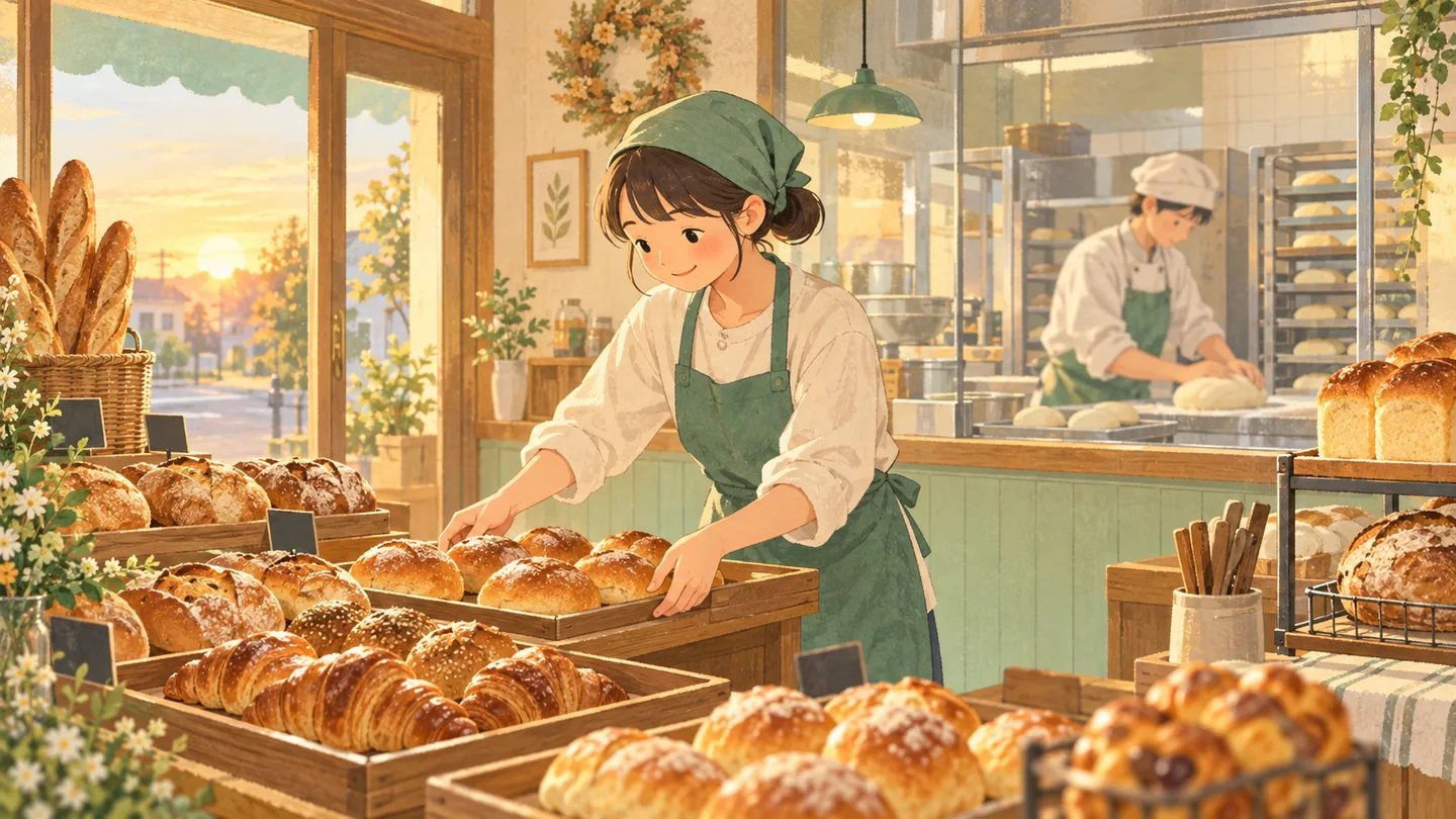 朝のベーカリーで焼きたてのパンを並べるスタッフ