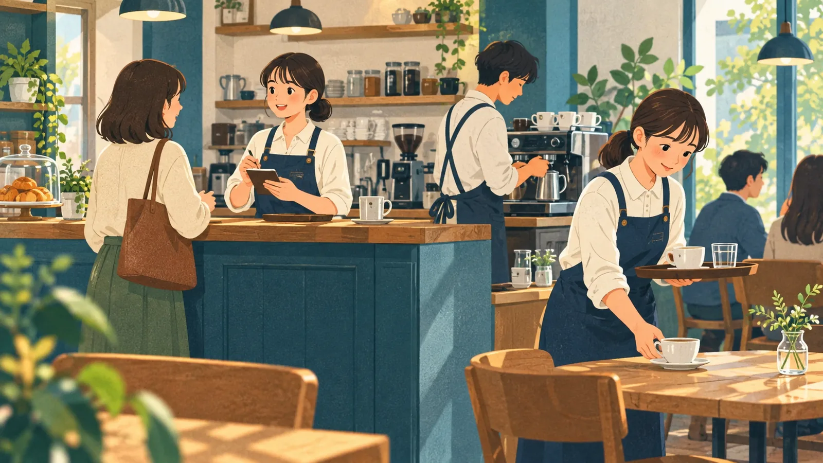 注文、ドリンク作り、片付けを分担するカフェのスタッフ