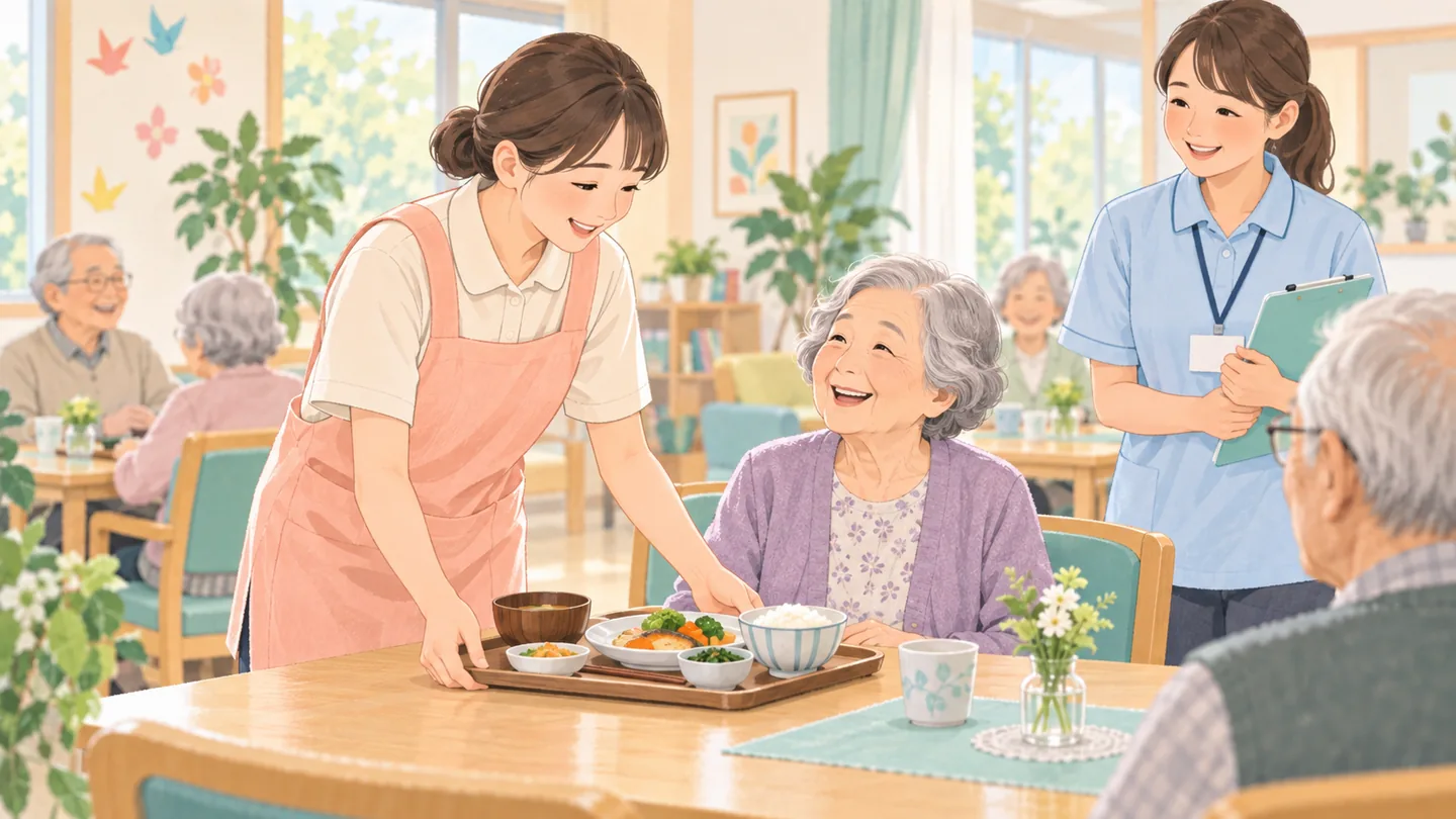 利用者のテーブルに食事を運ぶ介護補助スタッフ