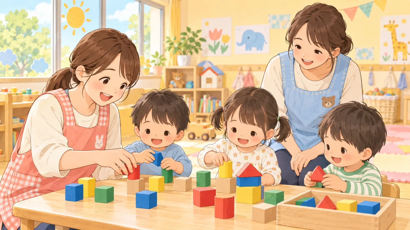 保育室で子どもたちの積み木遊びを手伝うスタッフ