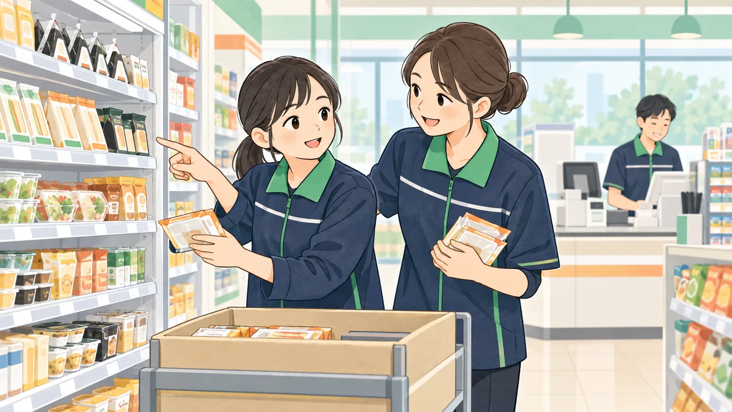 先輩と一緒に店の棚に商品を補充する新人スタッフ