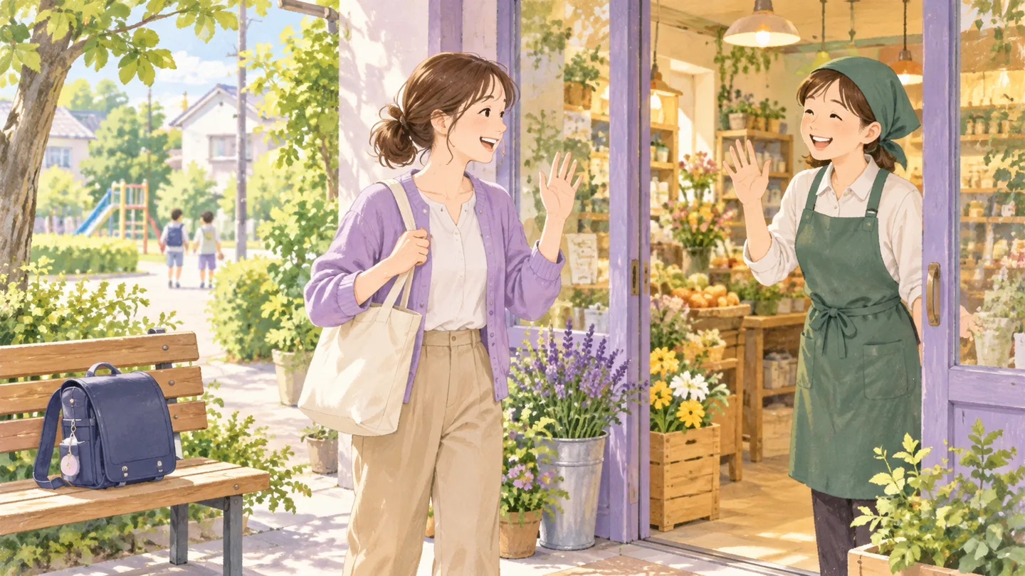 日中の店先でスタッフに挨拶する女性