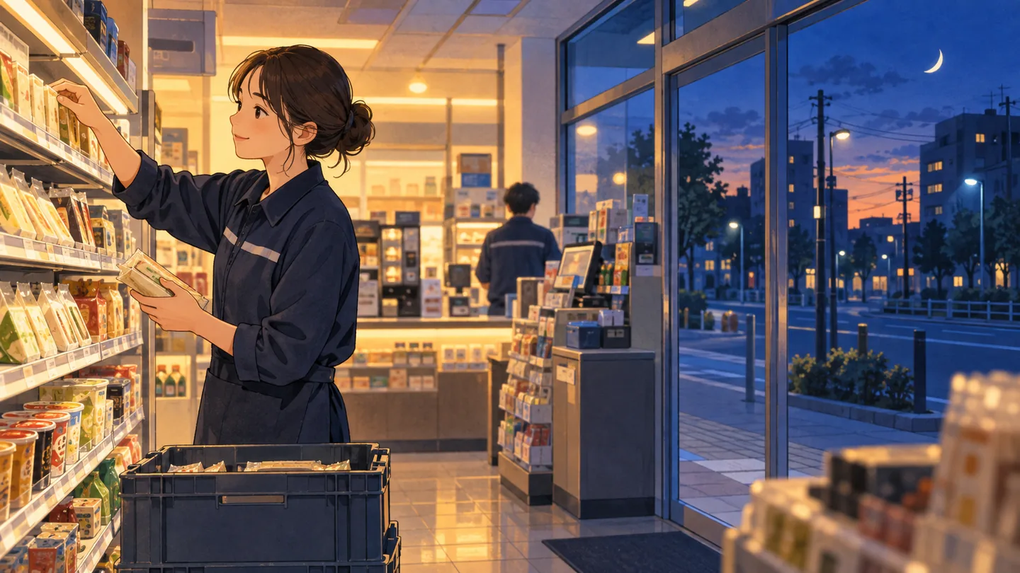 夕方の店内で商品を補充するスタッフ