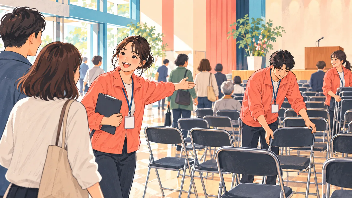 会場の椅子を整え、来場者を案内するスタッフ