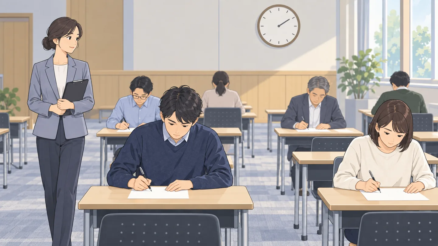 受験者が試験を受ける教室を見守る監督スタッフ