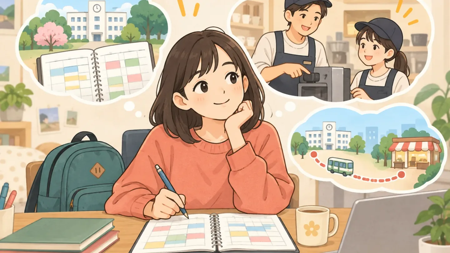 時間割を前に、初めてのバイトを考える学生