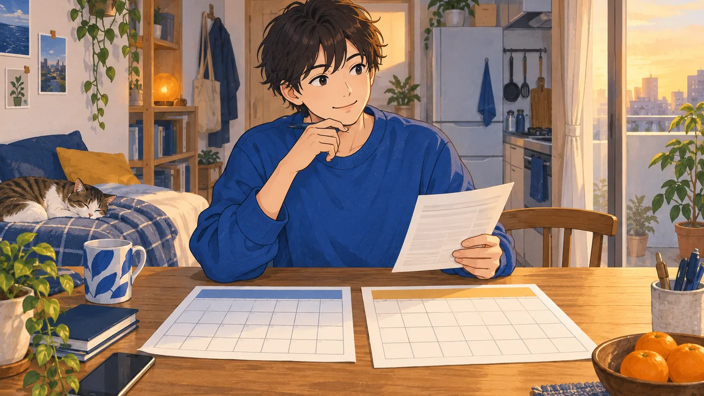 予定表と書類を見比べて働き方を考える人