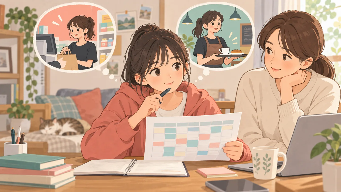 学校の予定を見ながら働き方を考える高校生と保護者