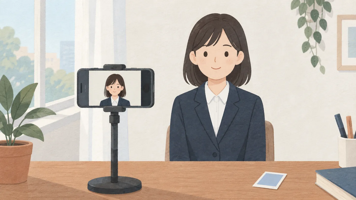 スマートフォンで証明写真を撮る応募者