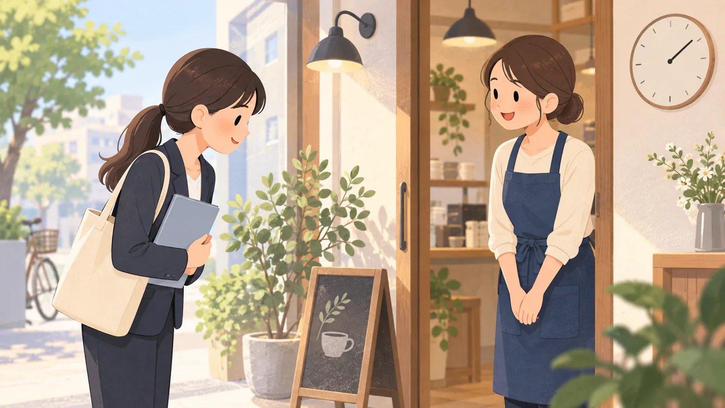 店の入口でスタッフに挨拶する面接の応募者