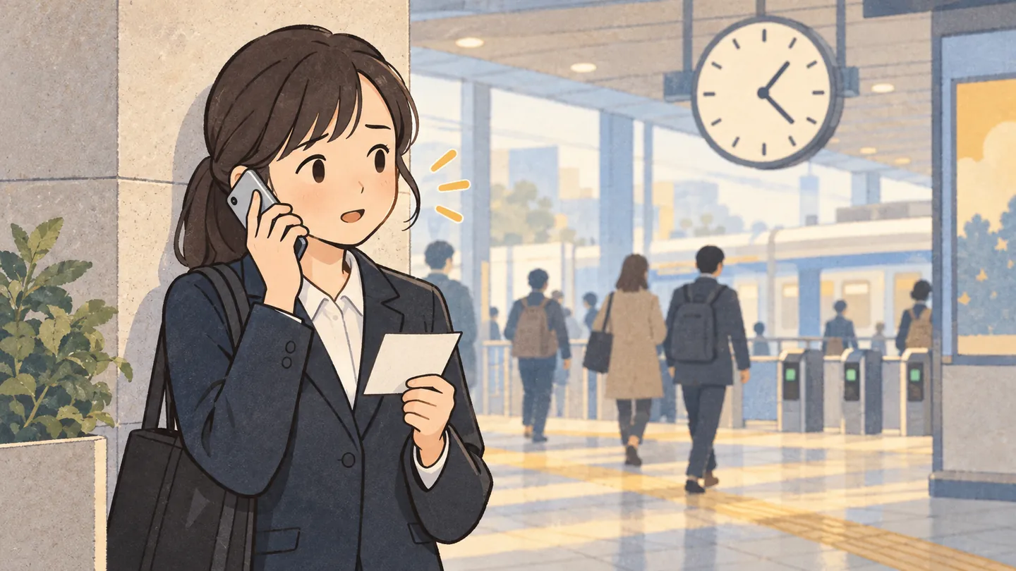 駅で面接先に連絡する応募者