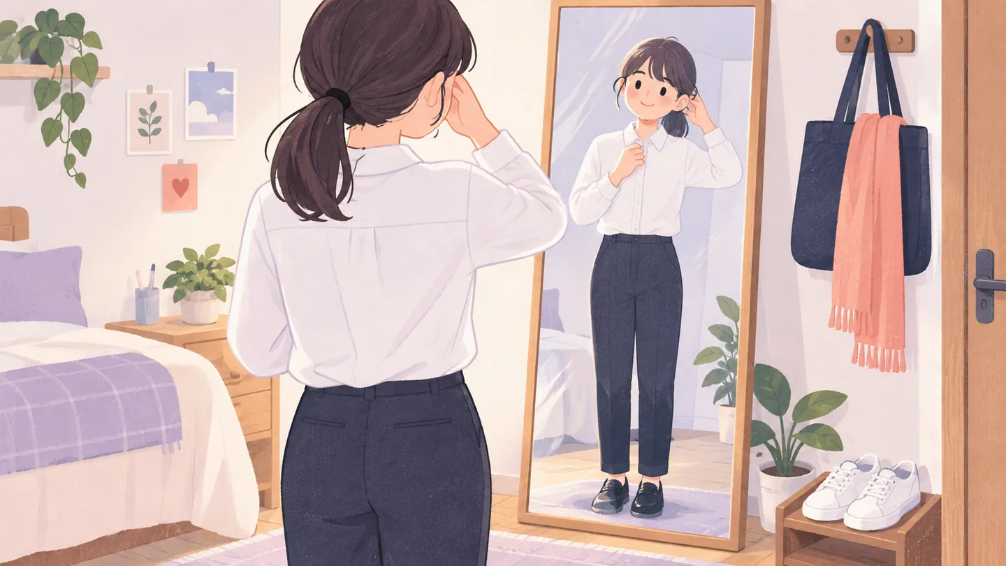 鏡の前で面接用の服装を確認する人