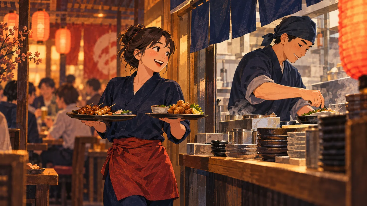 料理を運ぶホールスタッフと厨房で調理するスタッフ