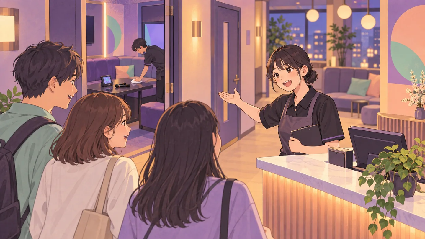 カラオケ店の受付で来店客を迎えるスタッフ