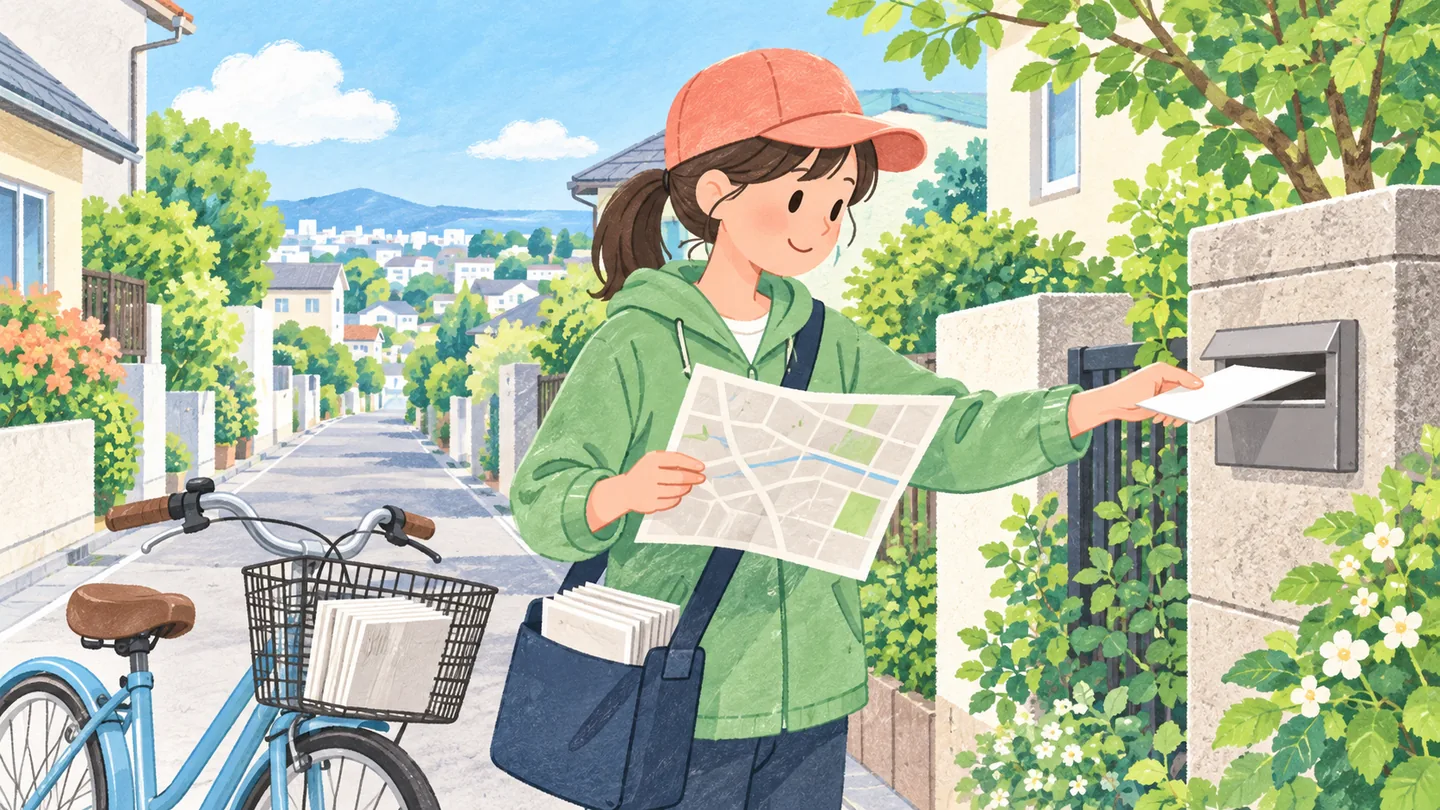 住宅街で地図を見ながらチラシを配るスタッフ
