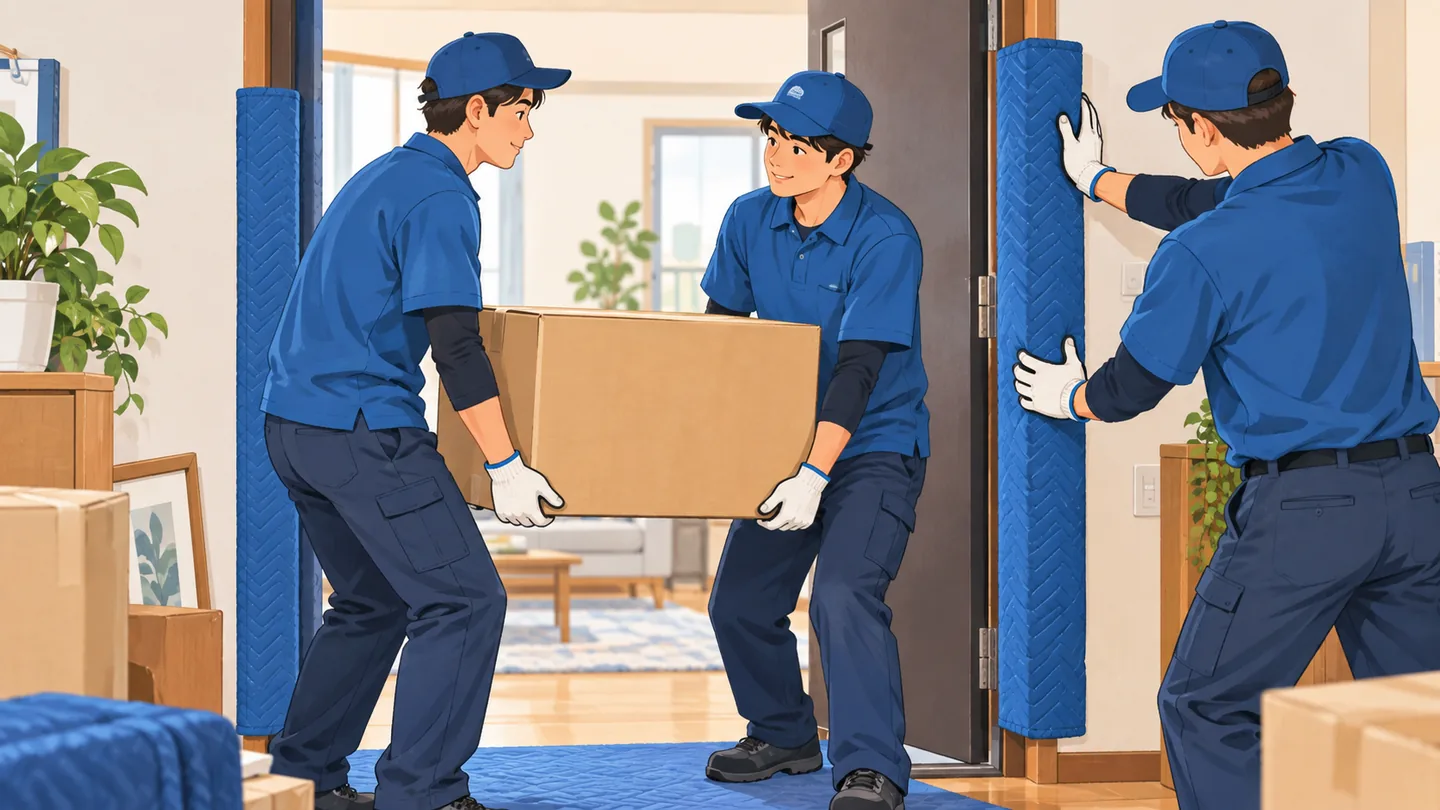 ドア枠を保護しながら段ボール箱を運ぶ引っ越しスタッフ