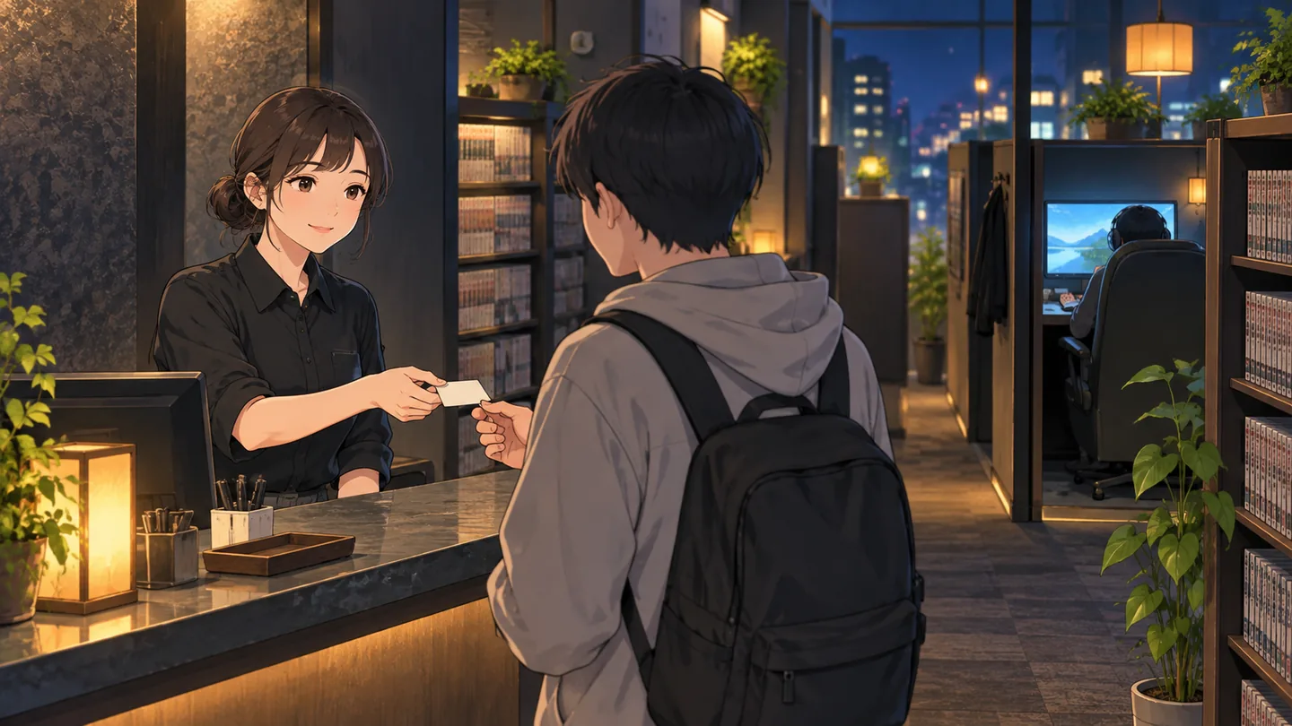 ネットカフェの受付で利用者を案内するスタッフ