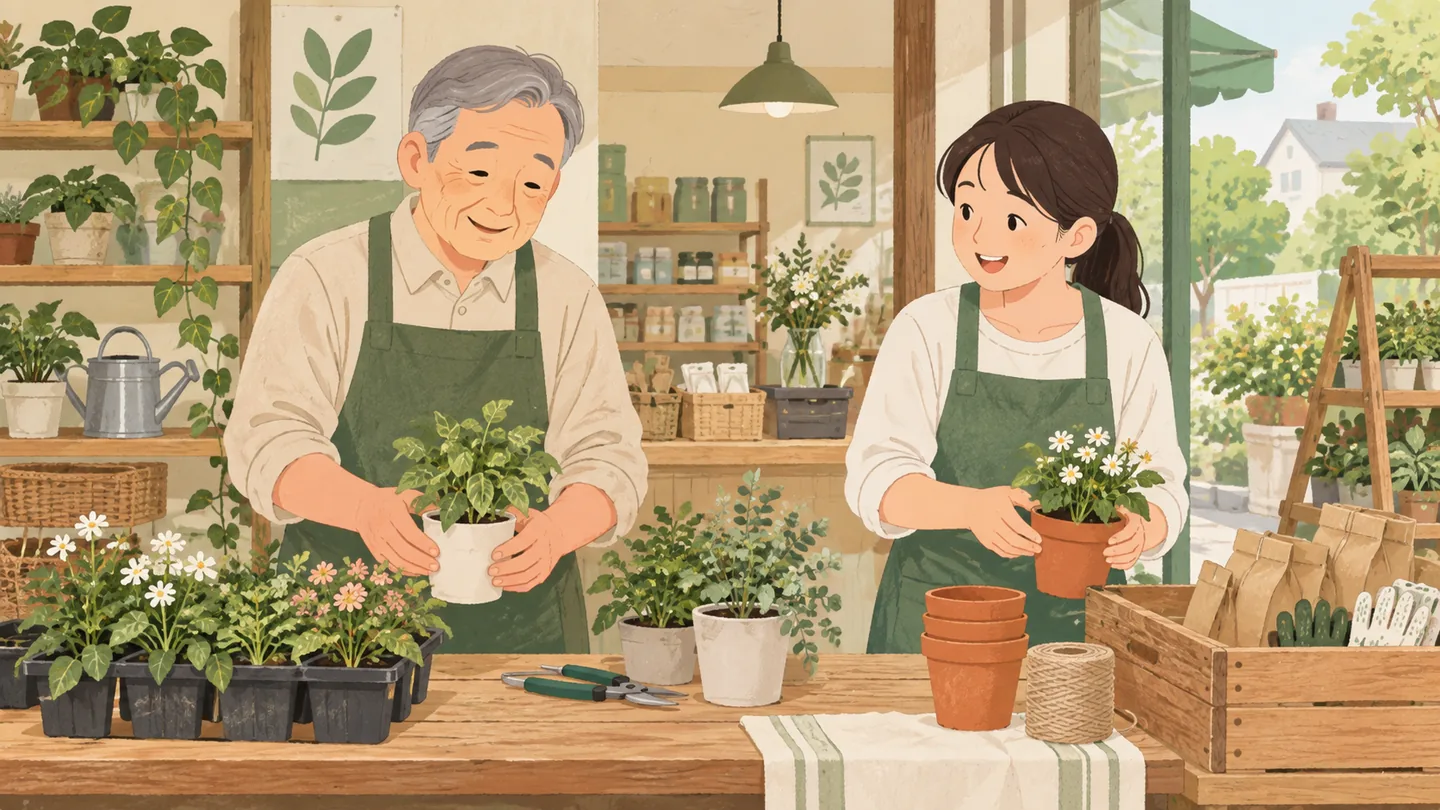 店で植物を並べる年配のスタッフと同僚