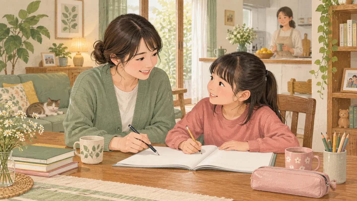 生徒の家で一緒にノートを見る家庭教師