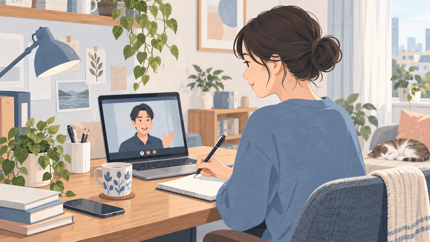 自宅の机で同僚とビデオ通話しながらメモを取る人