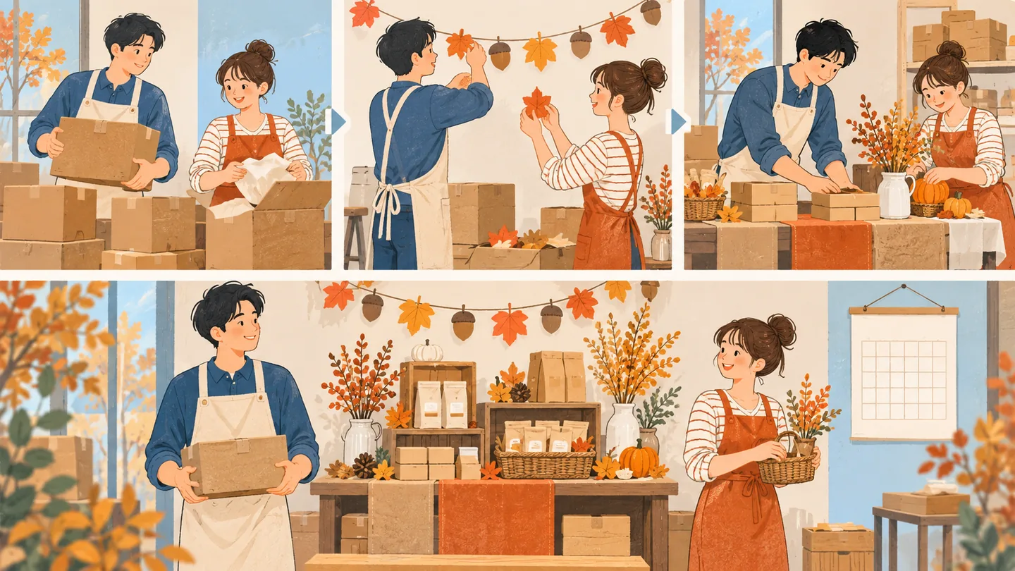 季節の売り場を準備する二人のスタッフ