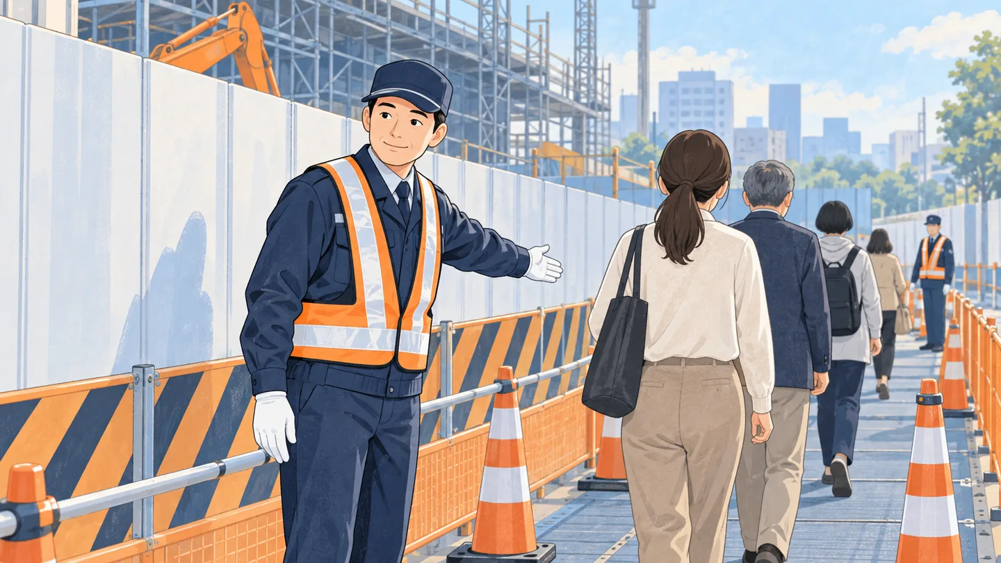 工事現場の仮設通路で歩行者を誘導する警備員