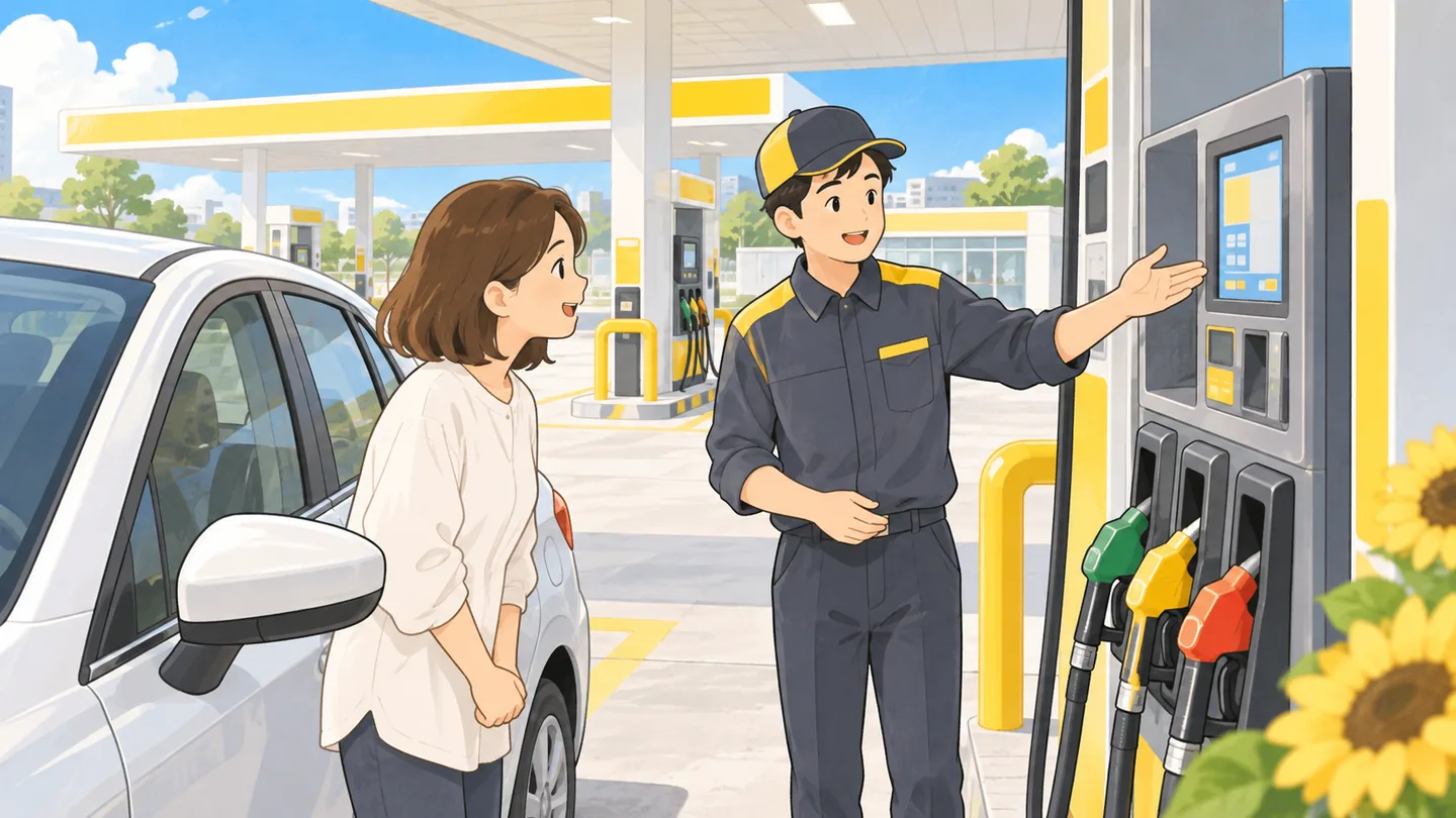 セルフ式の給油機の使い方を案内するスタッフ