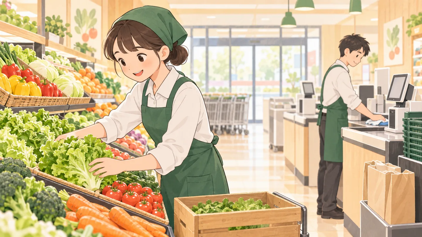 開店前のスーパーで青果を並べるスタッフ