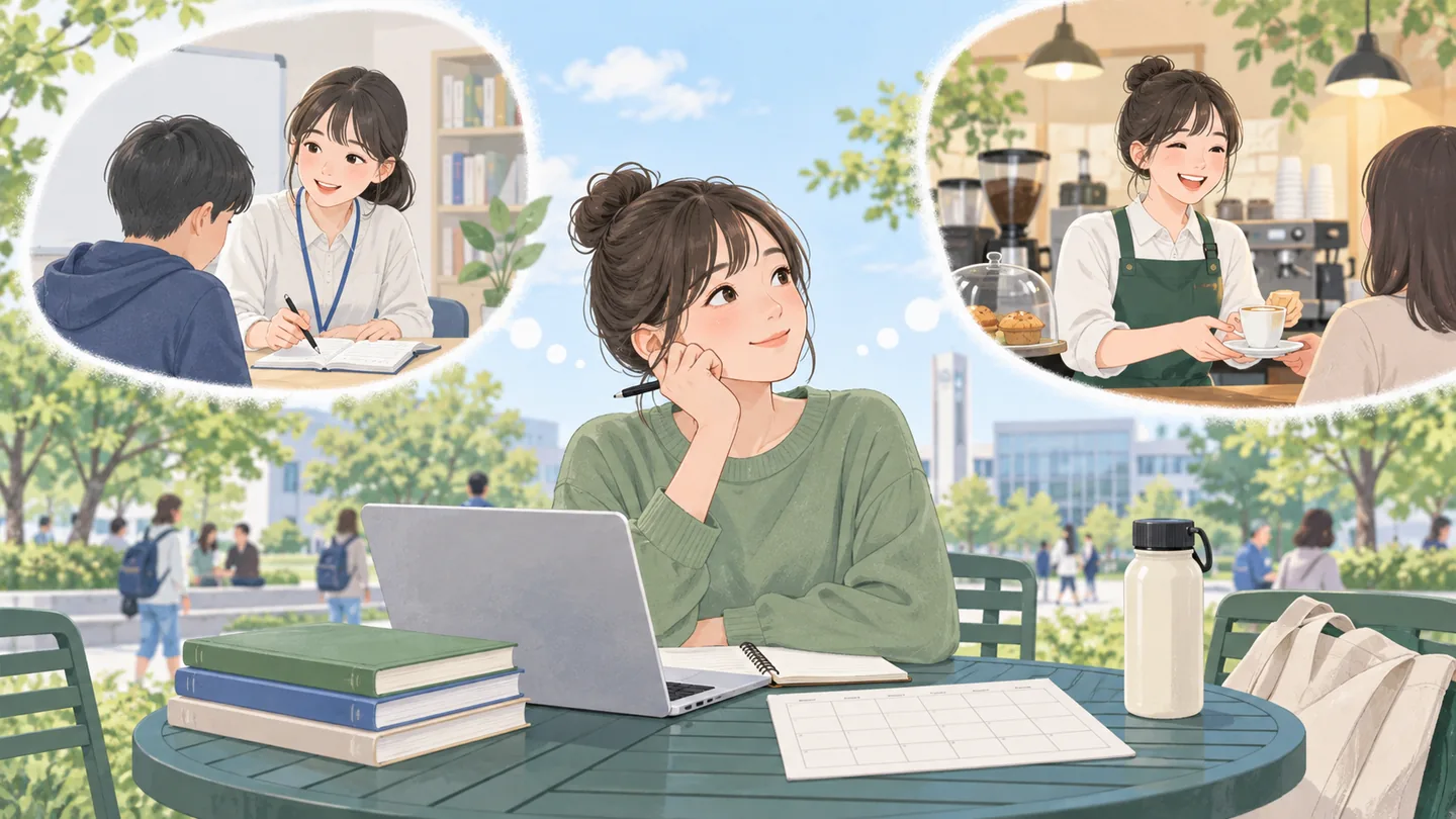 キャンパスで授業とバイトの予定を考える学生
