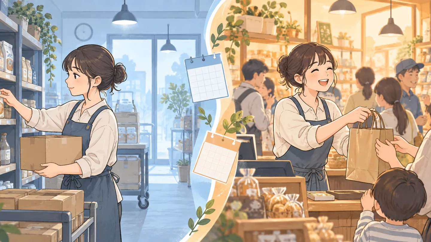 平日の品出しと週末の接客をする店のスタッフ